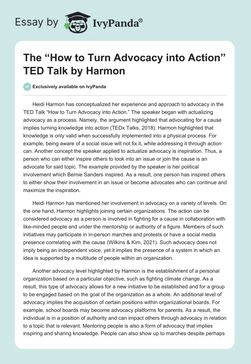 The “How to Turn Advocacy into Action” TED Talk by Harmon. Page 1