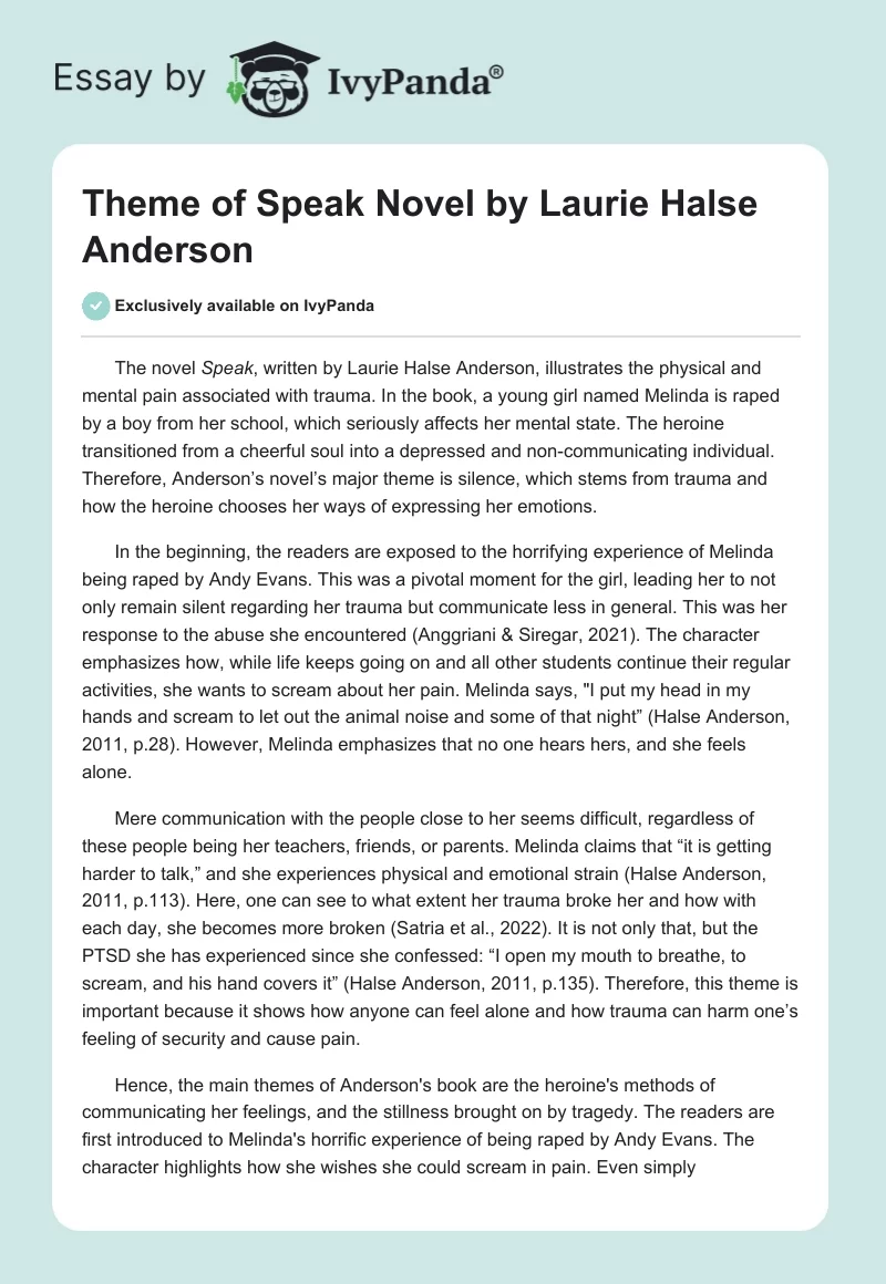 Theme of "Speak" Novel by Laurie Halse Anderson. Page 1