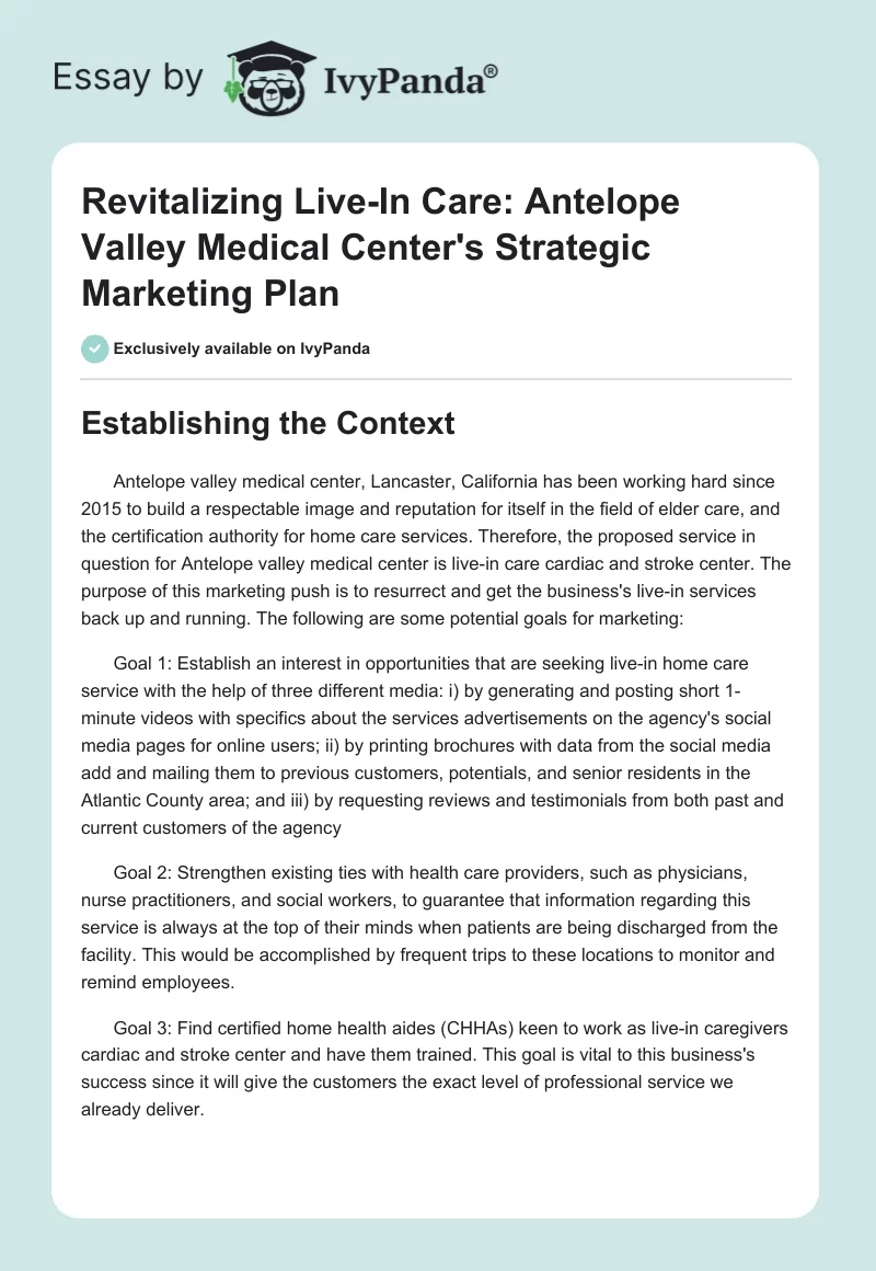 Revitalizing Live-In Care: Antelope Valley Medical Center's Strategic Marketing Plan. Page 1