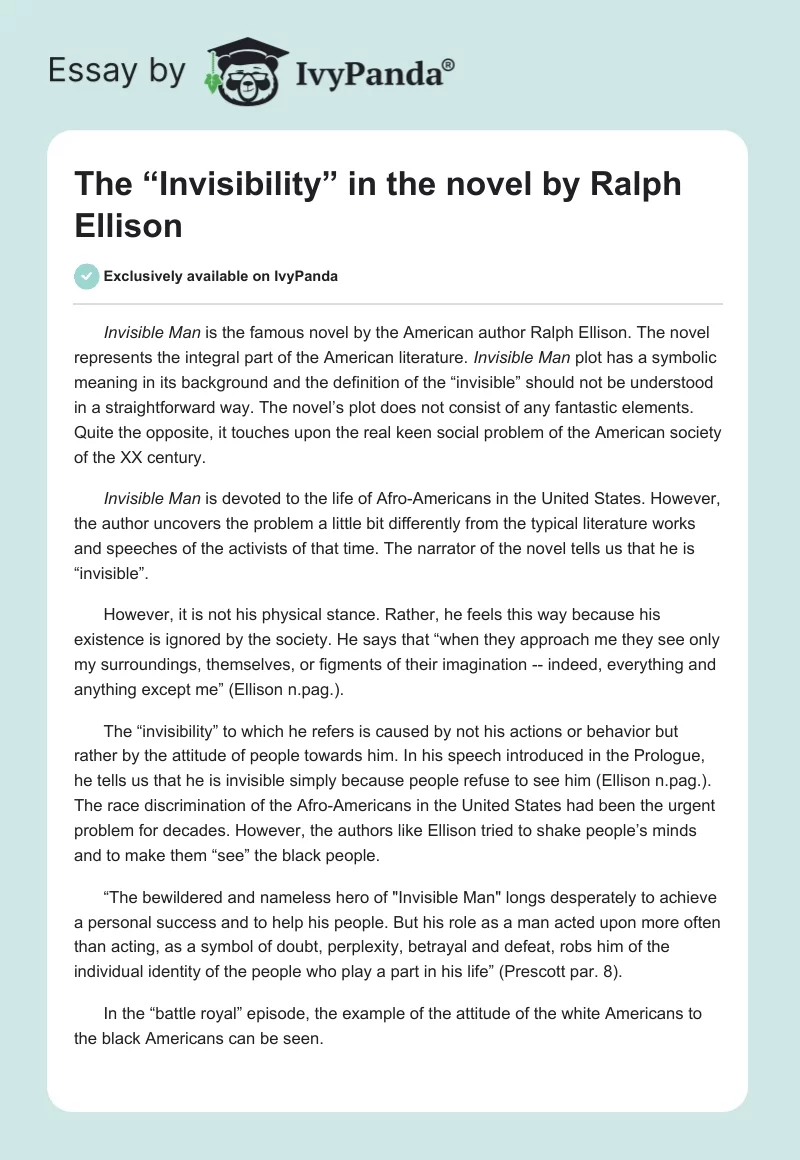 The “Invisibility” in the Novel by Ralph Ellison. Page 1