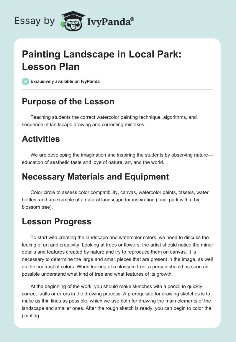 Painting Landscape in Local Park: Lesson Plan. Page 1
