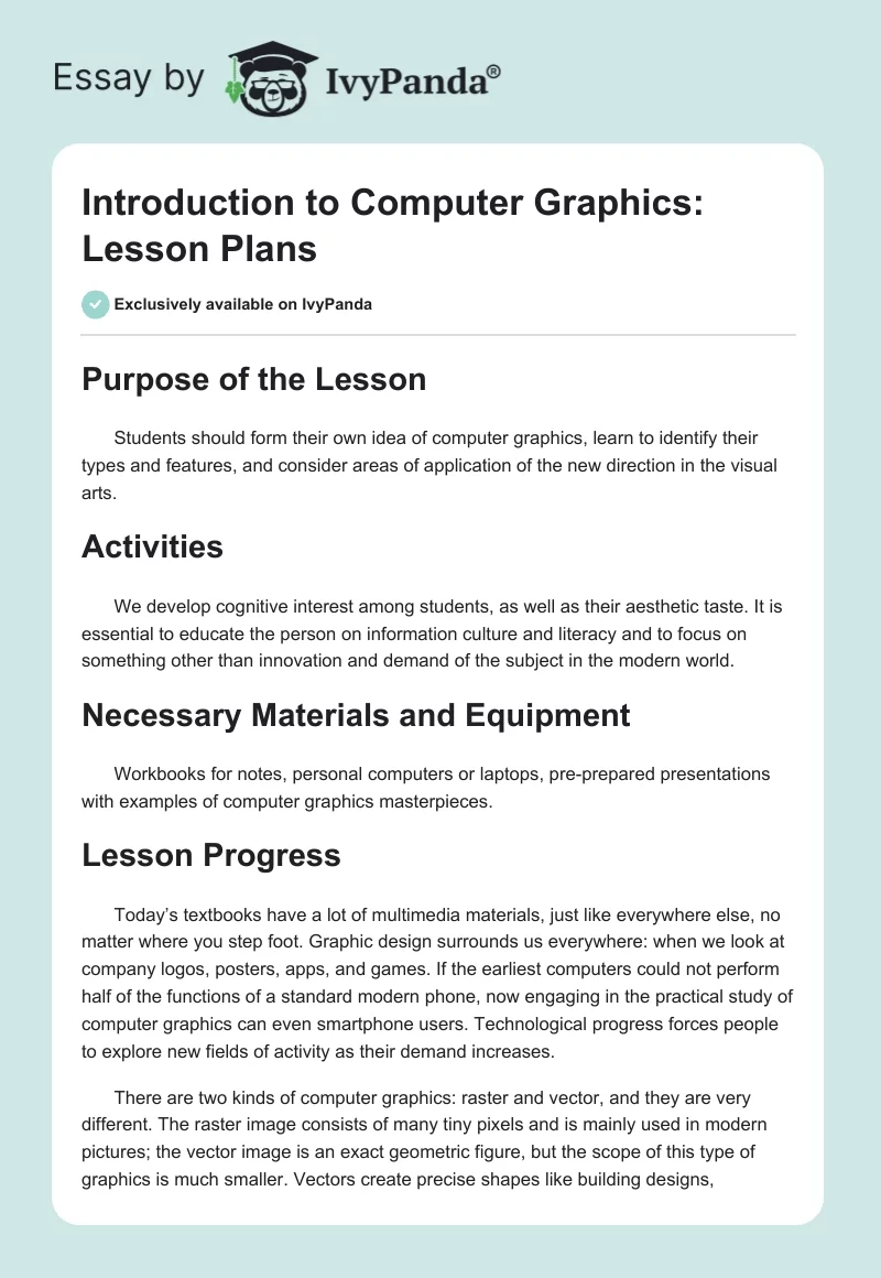 Introduction to Computer Graphics: Lesson Plans. Page 1