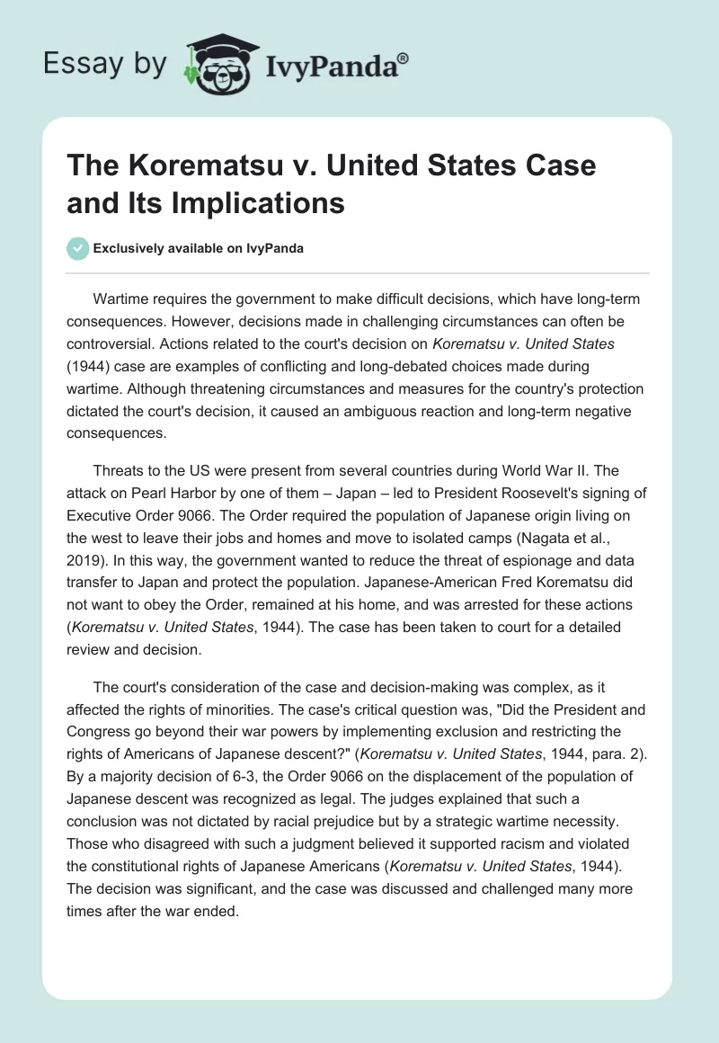 The Korematsu v. United States Case and Its Implications. Page 1