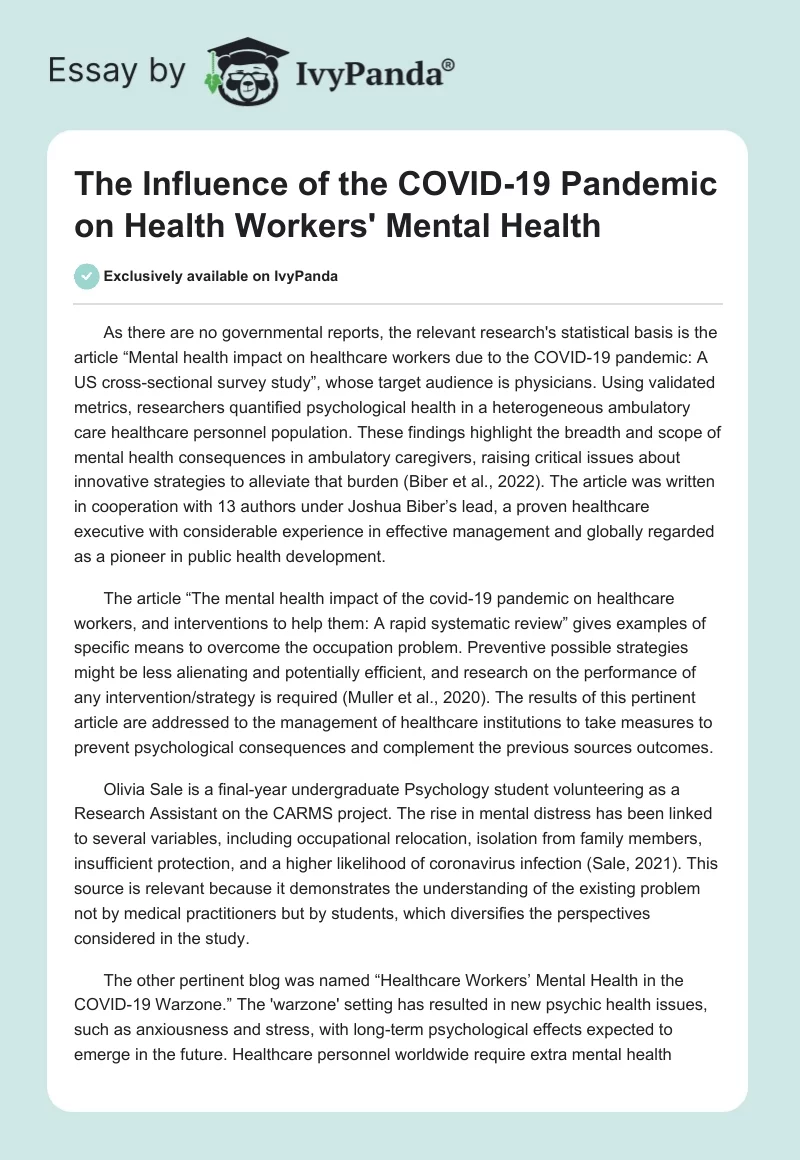 The Influence of the COVID-19 Pandemic on Health Workers' Mental Health. Page 1
