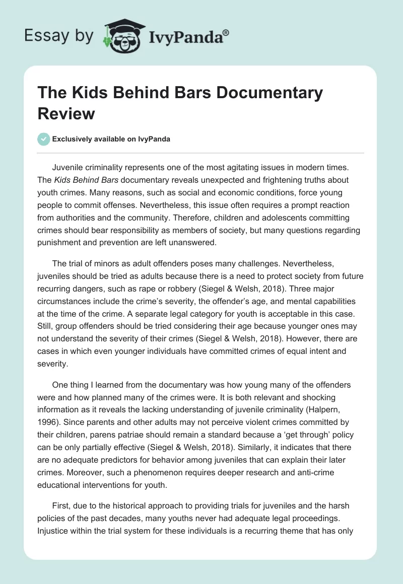 The "Kids Behind Bars" Documentary Review. Page 1