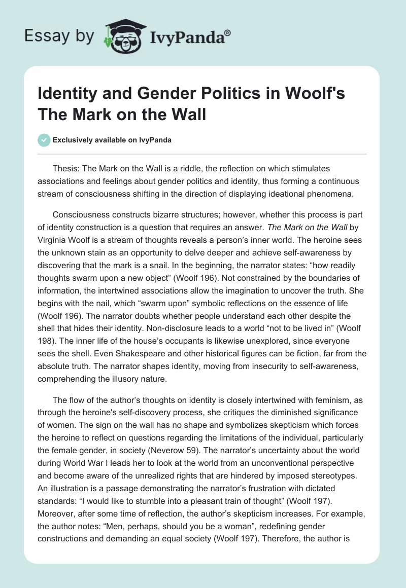 Identity and Gender Politics in Woolf's The Mark on the Wall. Page 1