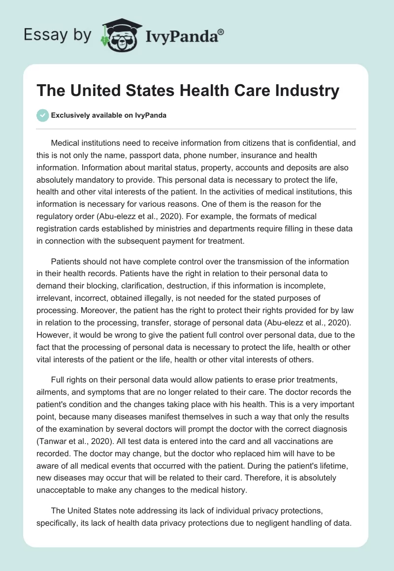 The United States Health Care Industry. Page 1