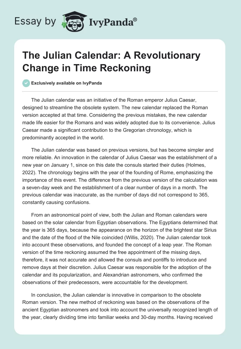 The Julian Calendar: A Revolutionary Change in Time Reckoning. Page 1
