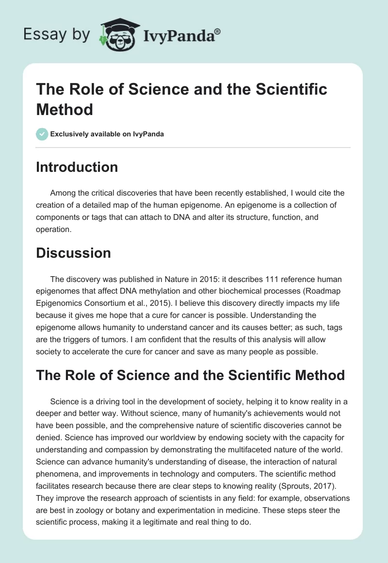 The Role of Science and the Scientific Method. Page 1