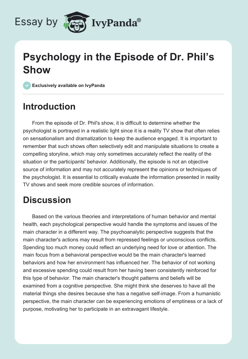 Psychology in the Episode of Dr. Phil’s Show. Page 1