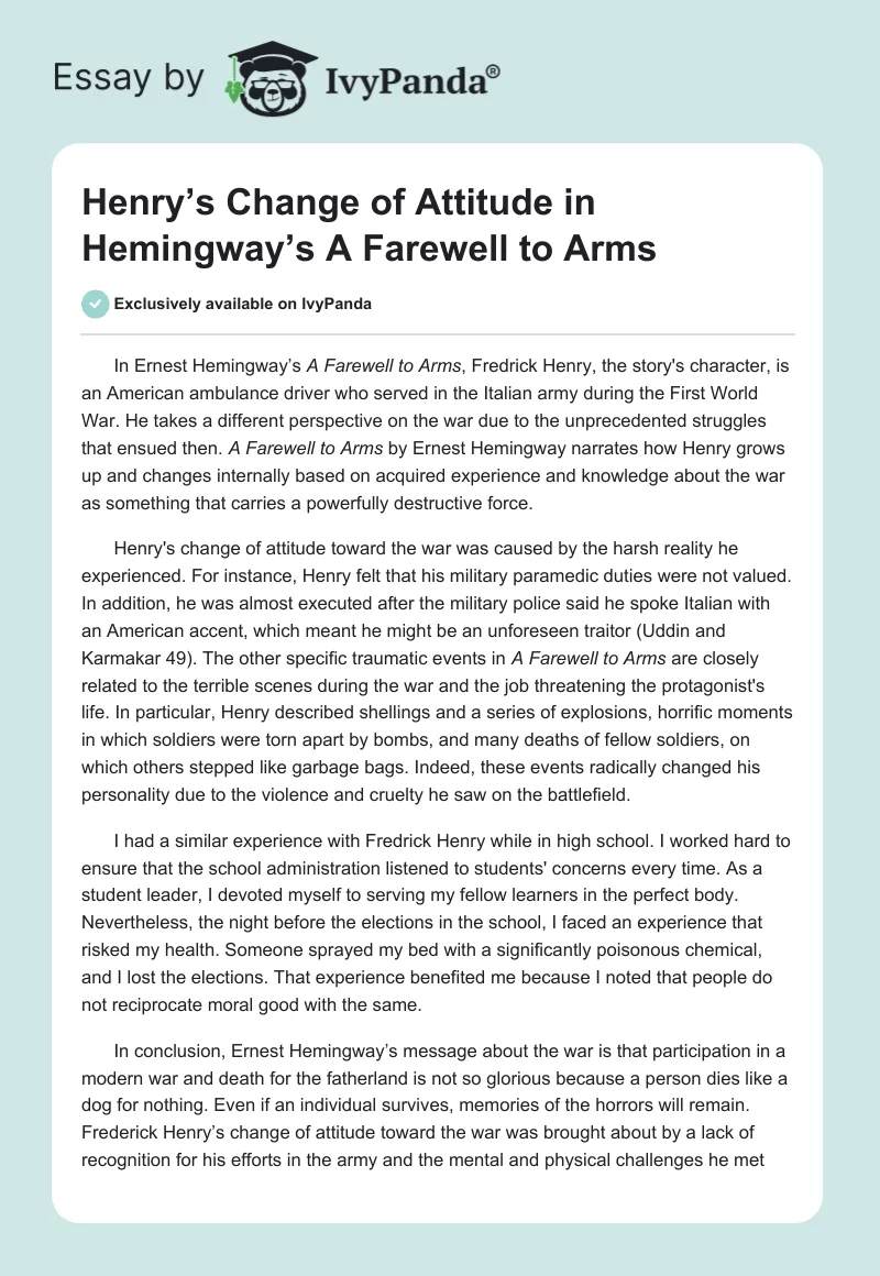 Henry’s Change of Attitude in Hemingway’s A Farewell to Arms. Page 1
