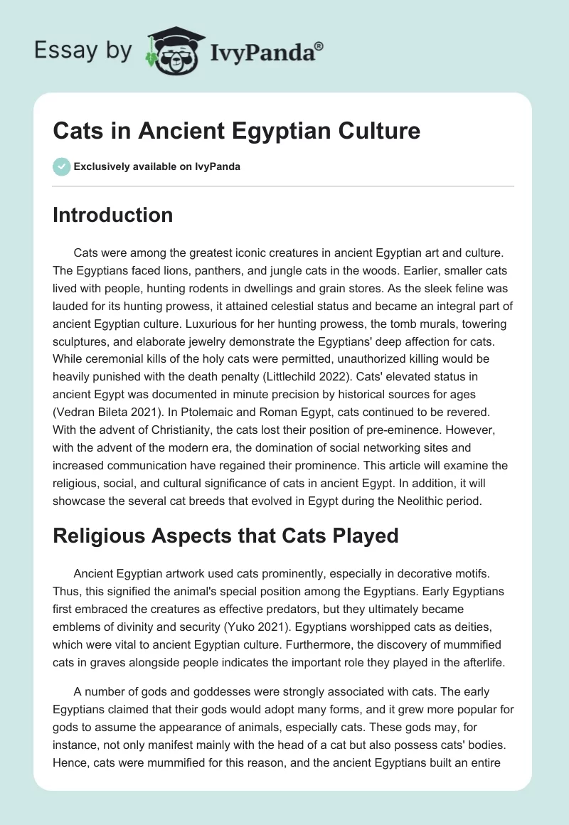 Cats in Ancient Egyptian Culture: Religious, Social, and Cultural Significance. Page 1