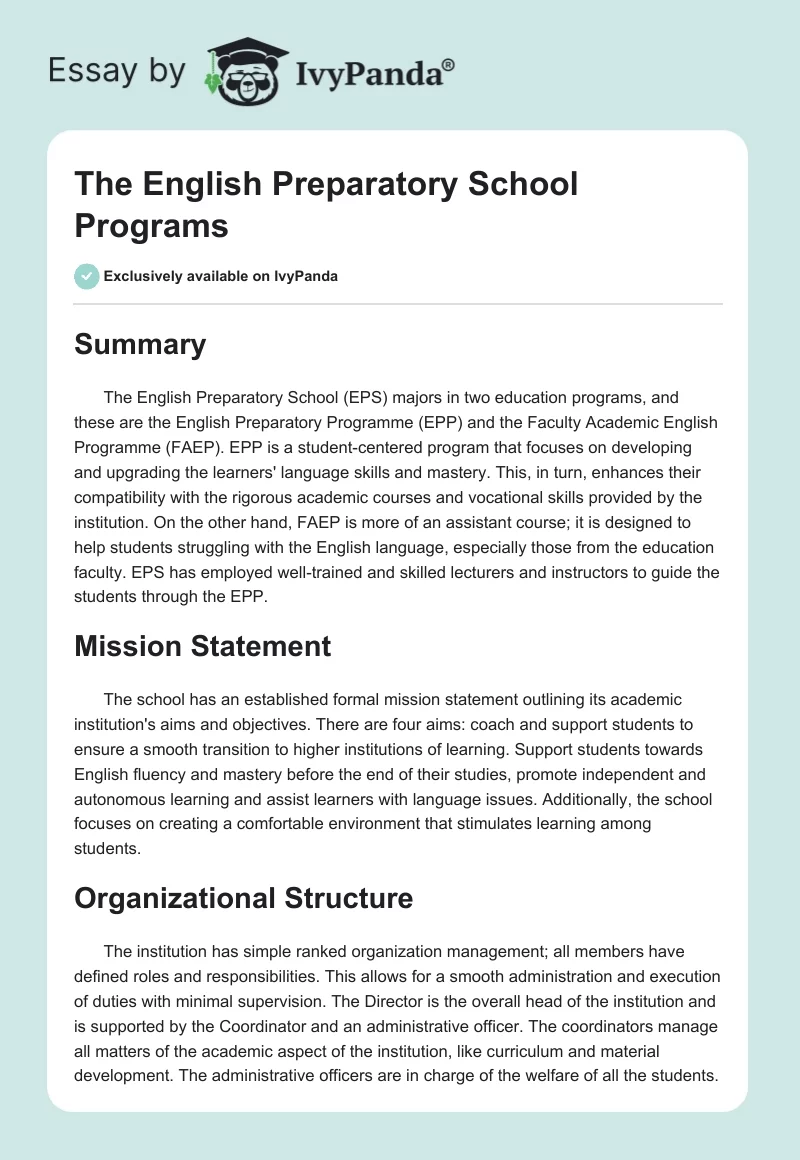 The English Preparatory School Programs. Page 1