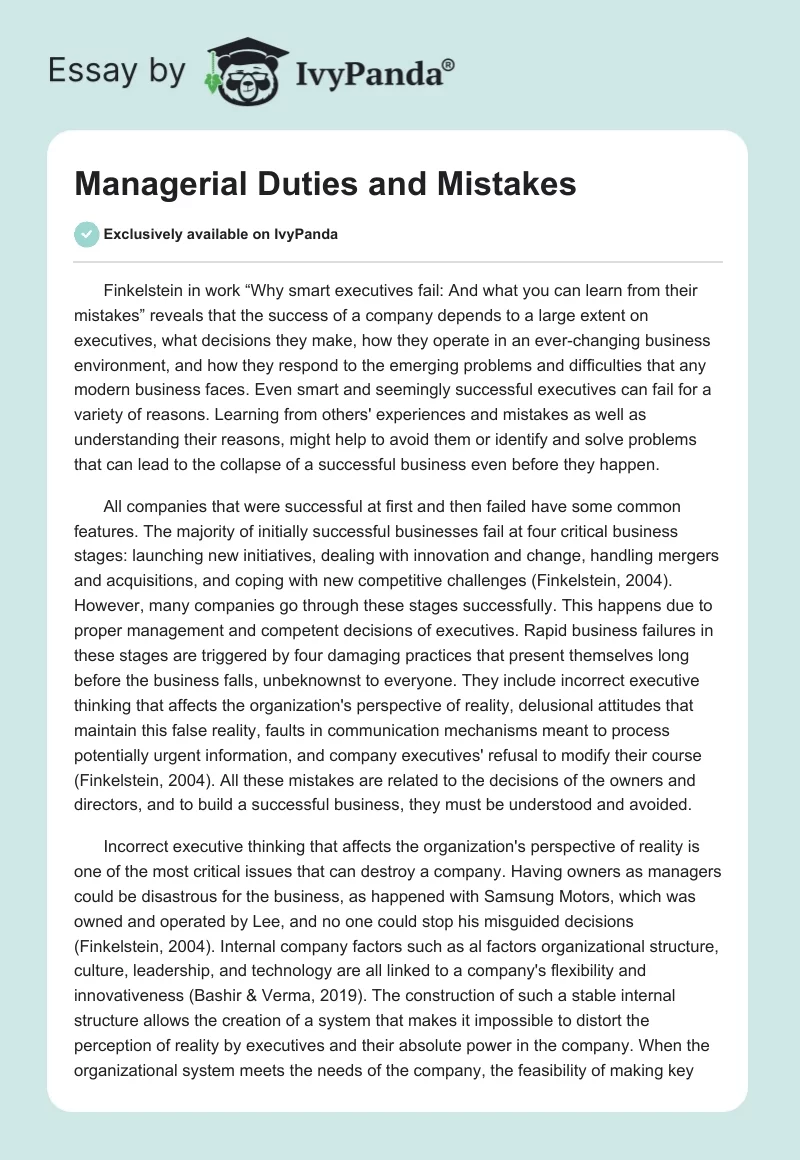 Managerial Duties and Mistakes. Page 1