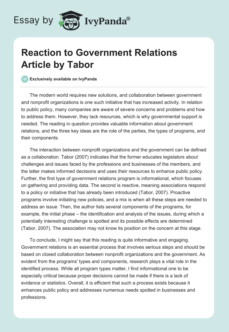 Reaction to "Government Relations" Article by Tabor. Page 1