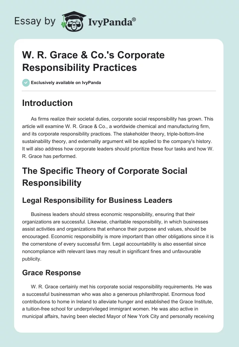 W. R. Grace & Co.'s Corporate Responsibility Practices. Page 1