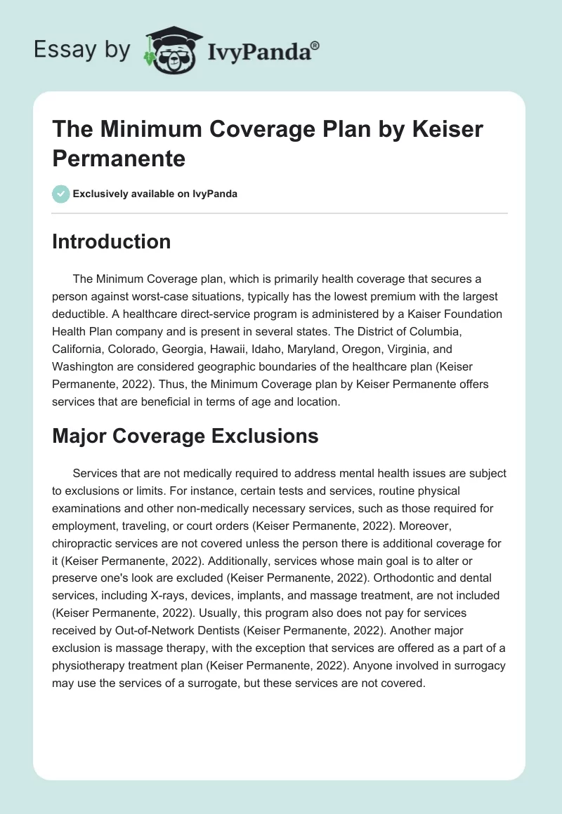 The Minimum Coverage Plan by Keiser Permanente. Page 1