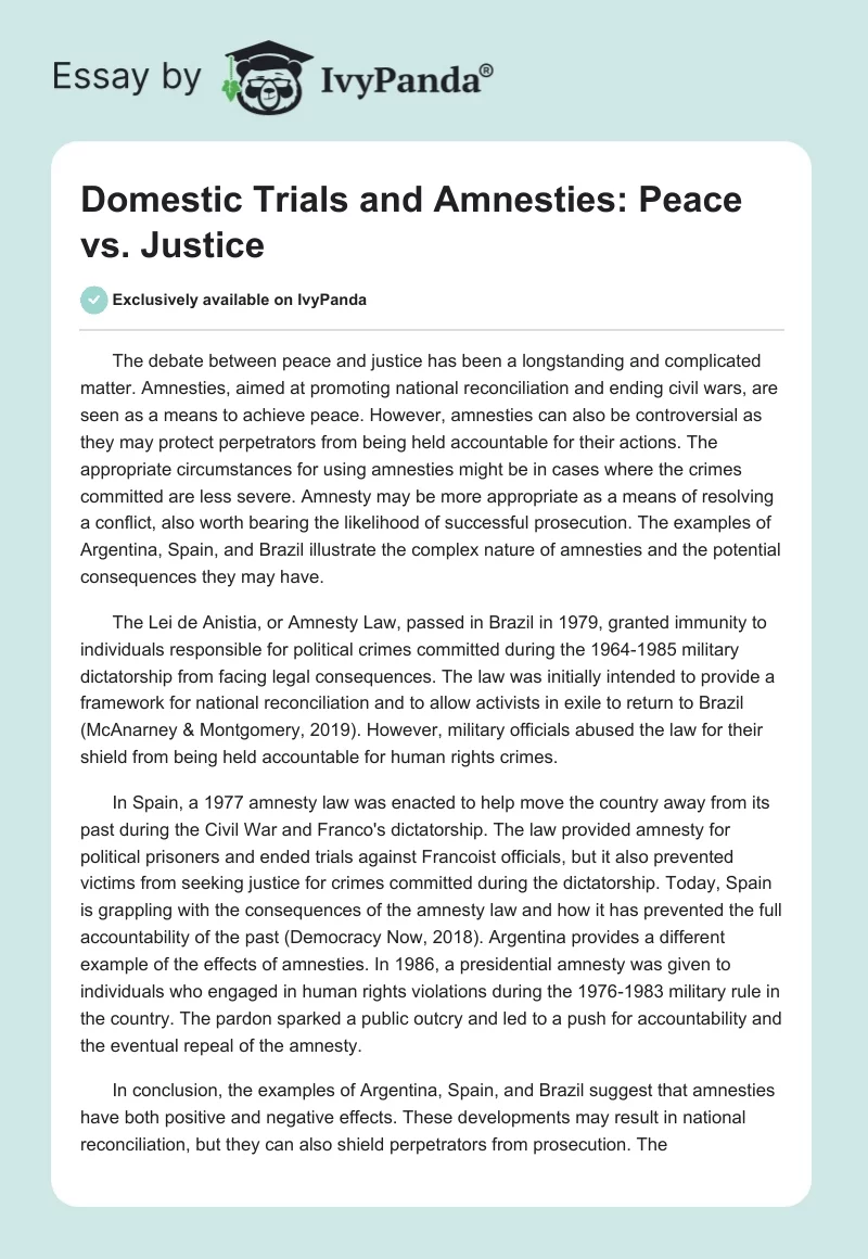 Domestic Trials and Amnesties: Peace vs. Justice. Page 1