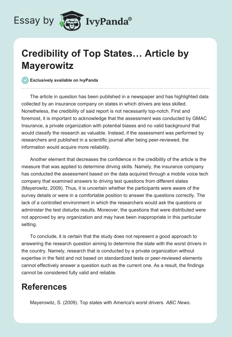 Credibility of "Top States…" Article by Mayerowitz. Page 1