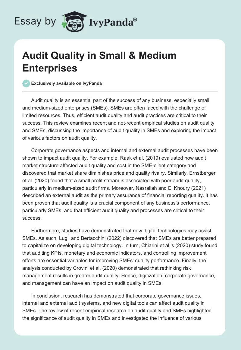 Audit Quality in Small & Medium Enterprises. Page 1