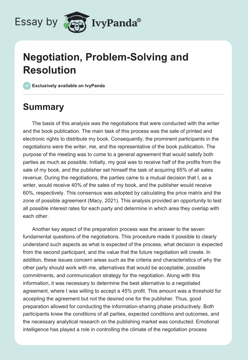 Negotiation, Problem-Solving and Resolution. Page 1