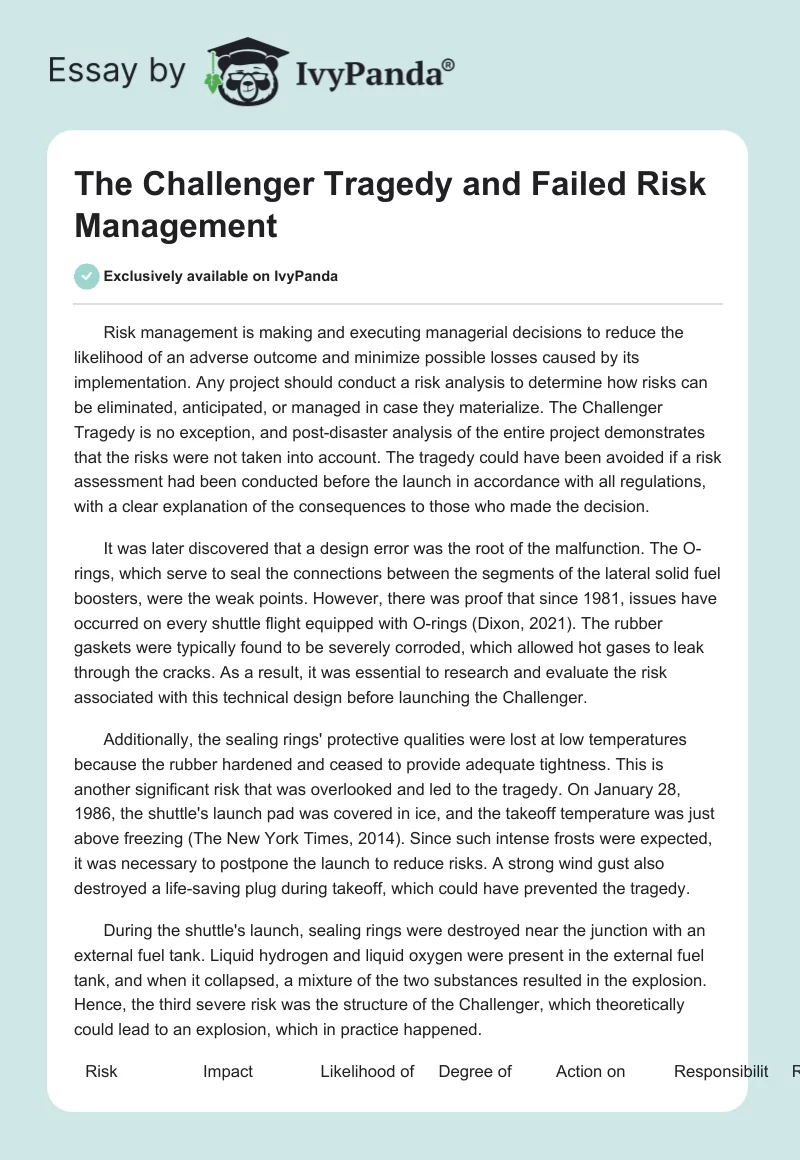 The Challenger Tragedy and Failed Risk Management. Page 1