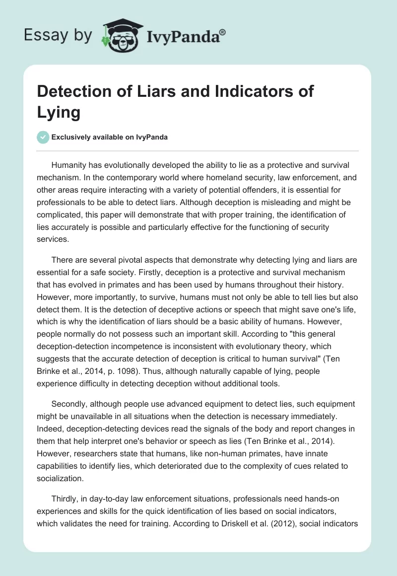 Detection of Liars and Indicators of Lying. Page 1