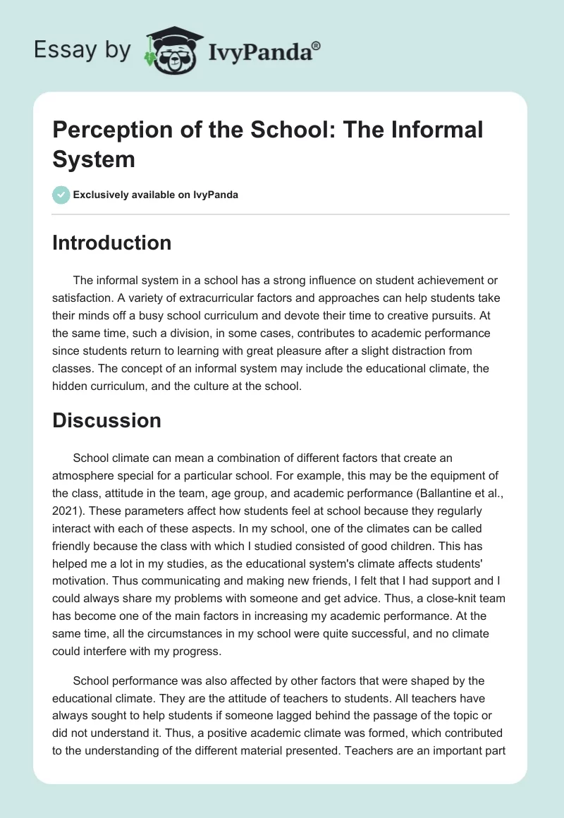 Perception of the School: The Informal System. Page 1