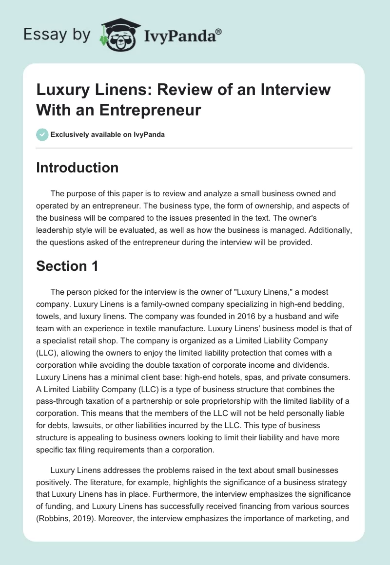 Luxury Linens: Review of an Interview With an Entrepreneur. Page 1