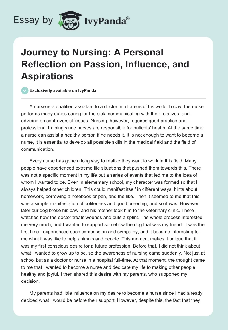 Journey to Nursing: A Personal Reflection on Passion, Influence, and Aspirations. Page 1
