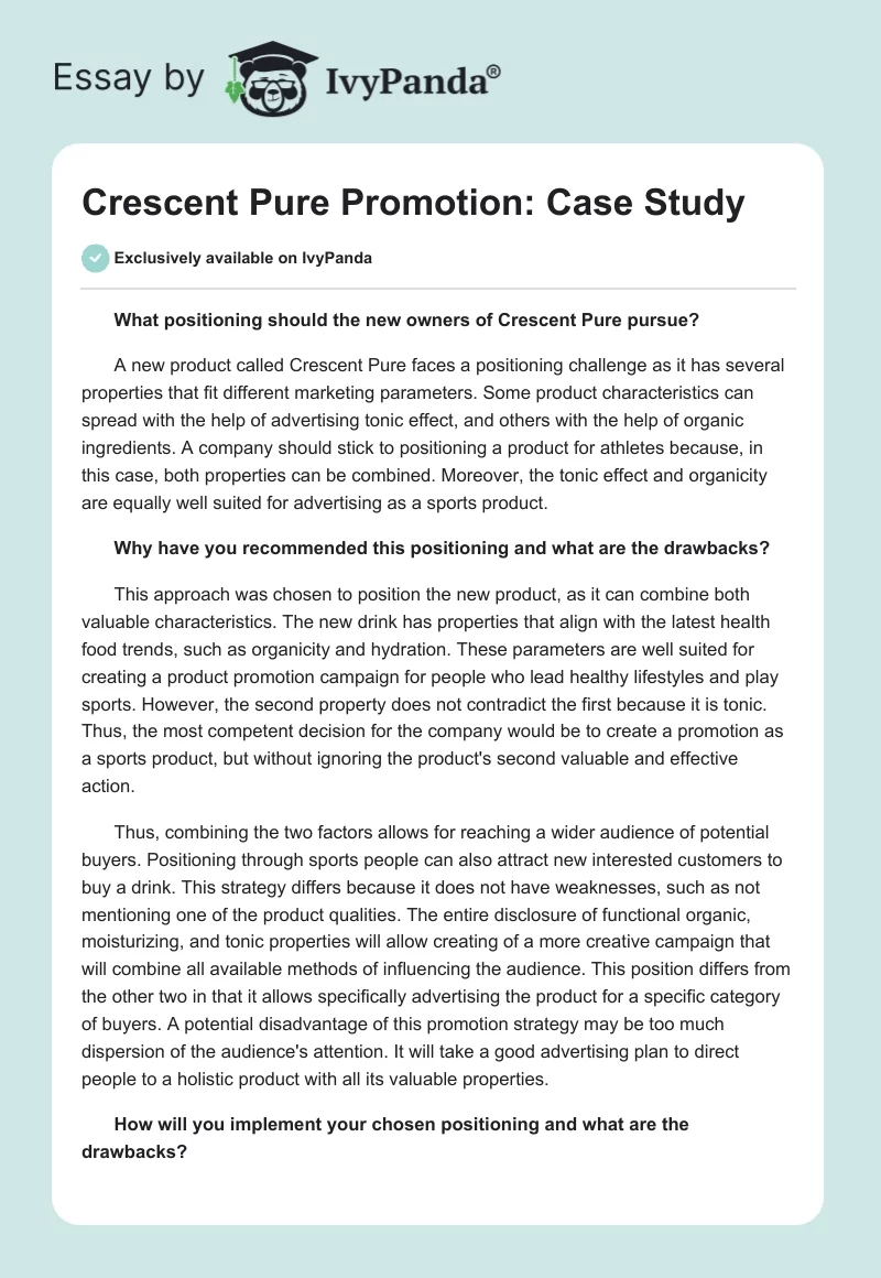 Crescent Pure Promotion: Case Study. Page 1