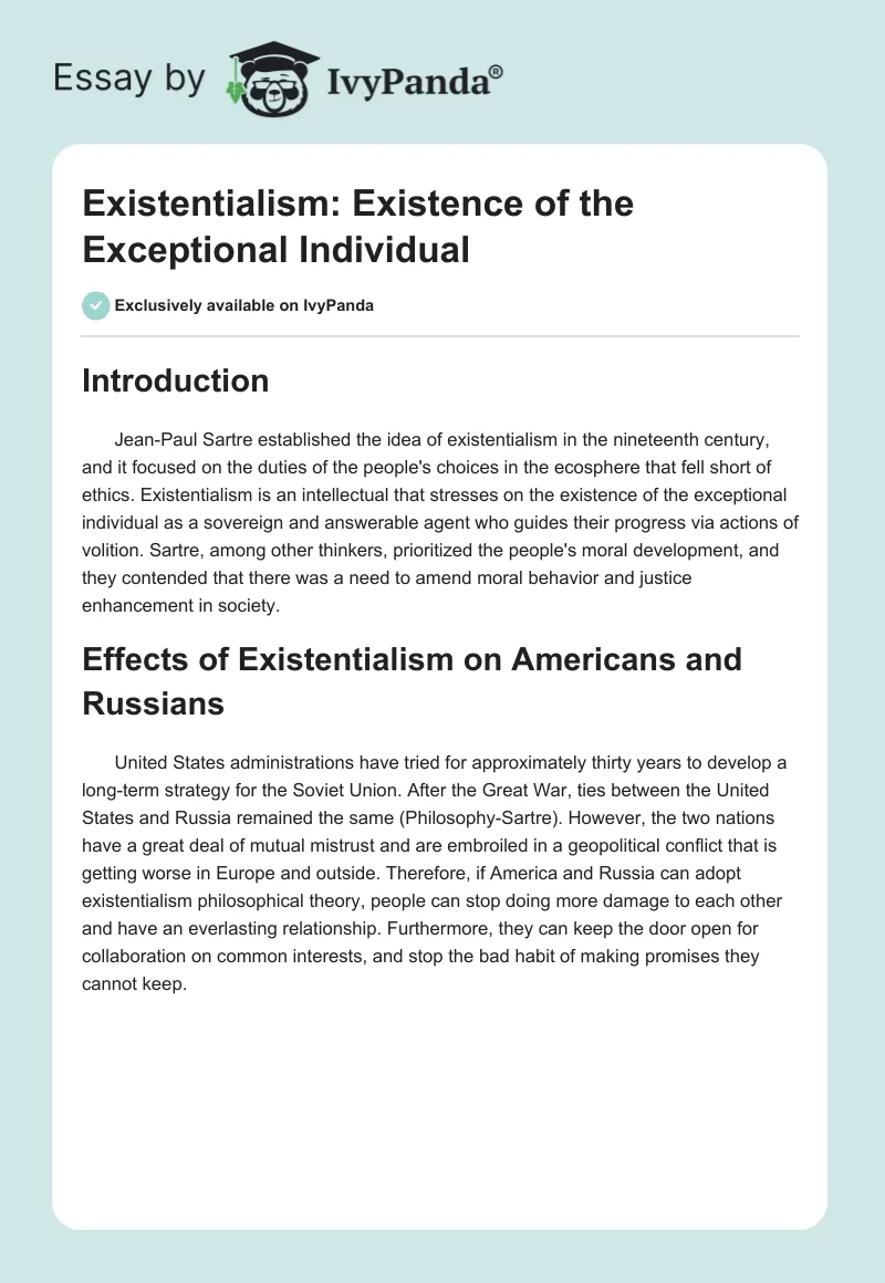 Existentialism: Existence of the Exceptional Individual. Page 1