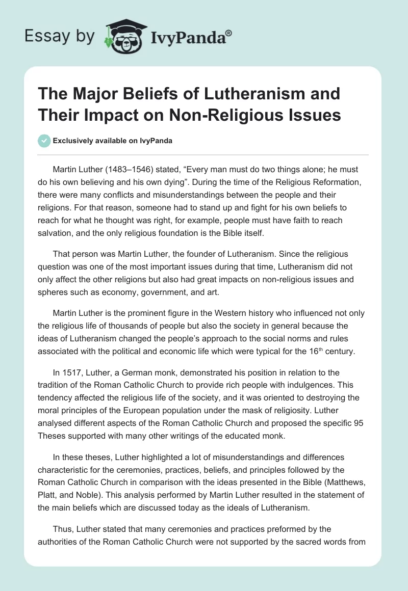 The Major Beliefs of Lutheranism and Their Impact on Non-Religious Issues. Page 1