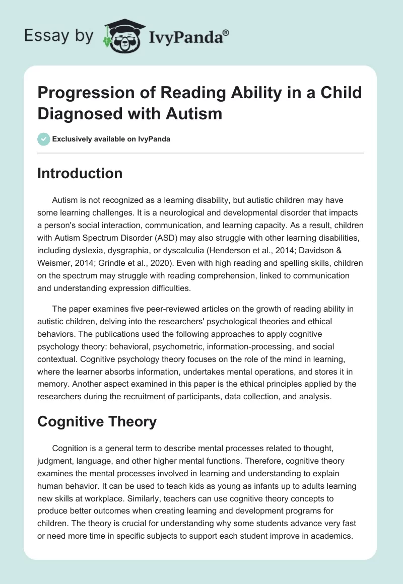 Progression of Reading Ability in a Child Diagnosed With Autism. Page 1