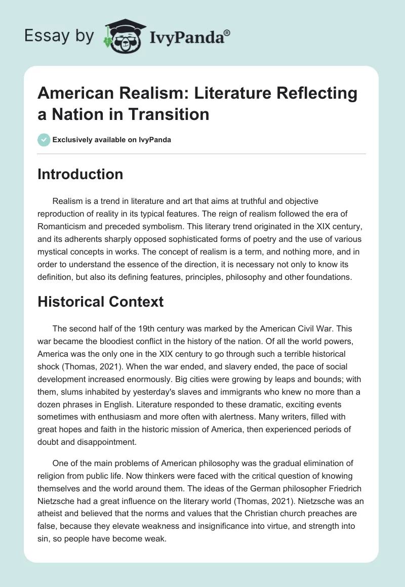 American Realism: Literature Reflecting a Nation in Transition. Page 1