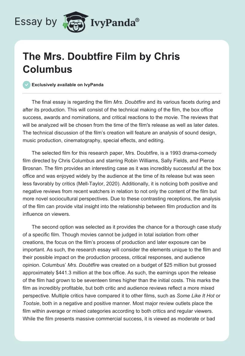 The "Mrs. Doubtfire" Film by Chris Columbus. Page 1