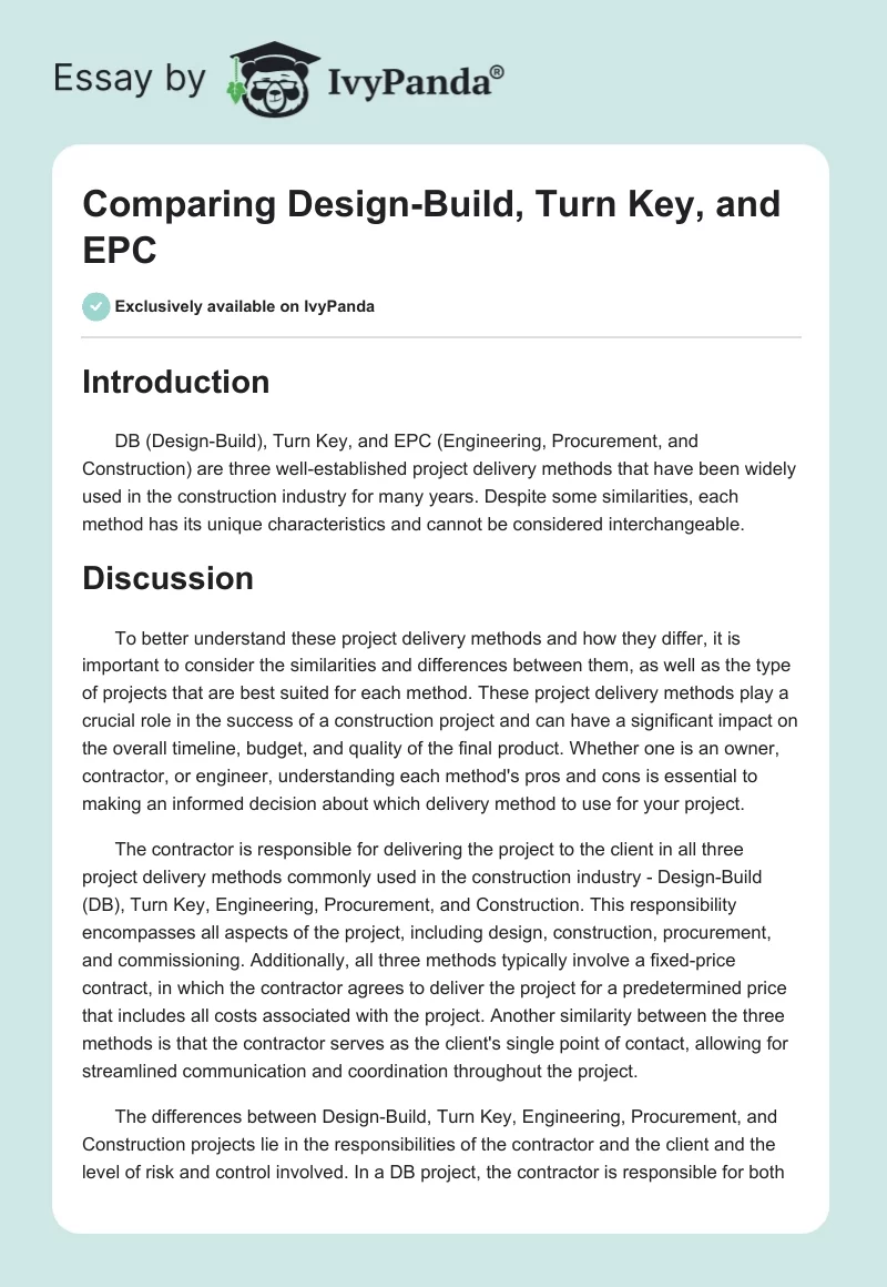 Comparing Design-Build, Turn Key, and EPC. Page 1