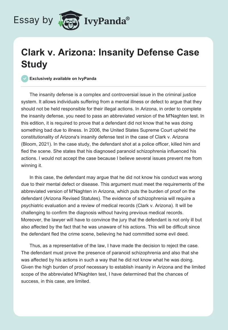Clark v. Arizona: Insanity Defense Case Study. Page 1