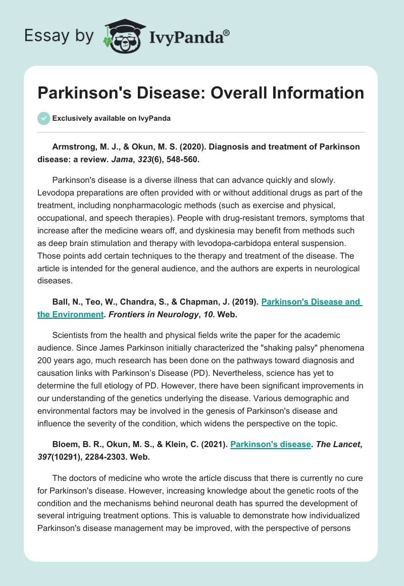 Parkinson's Disease: Overall Information. Page 1