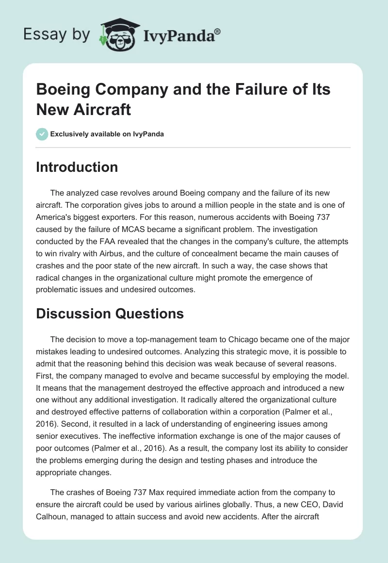 Boeing Company and the Failure of Its New Aircraft. Page 1