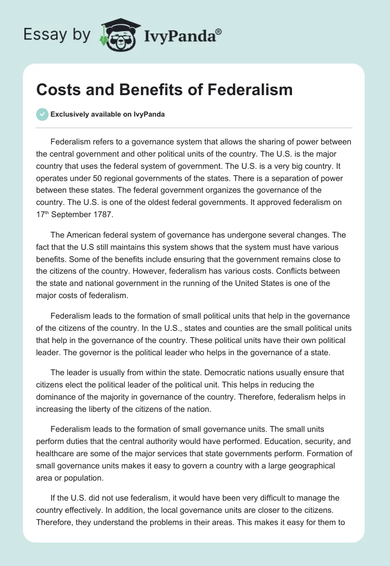 Costs and Benefits of Federalism. Page 1