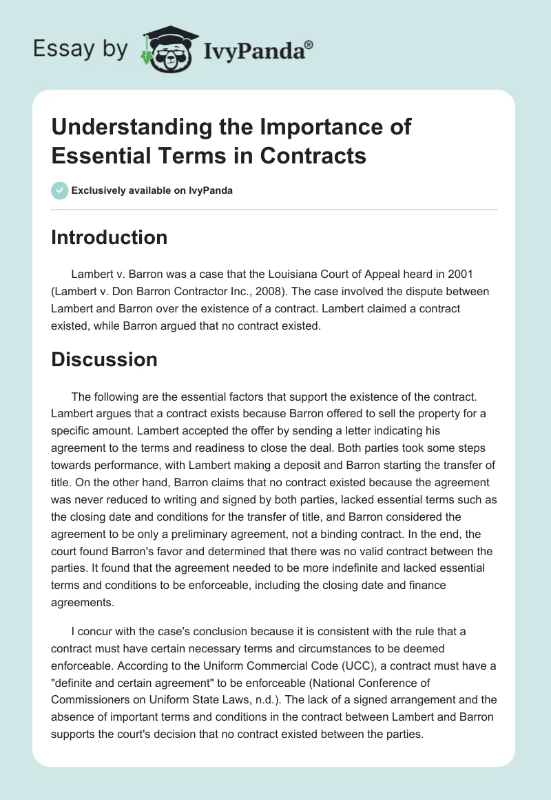 Understanding the Importance of Essential Terms in Contracts. Page 1