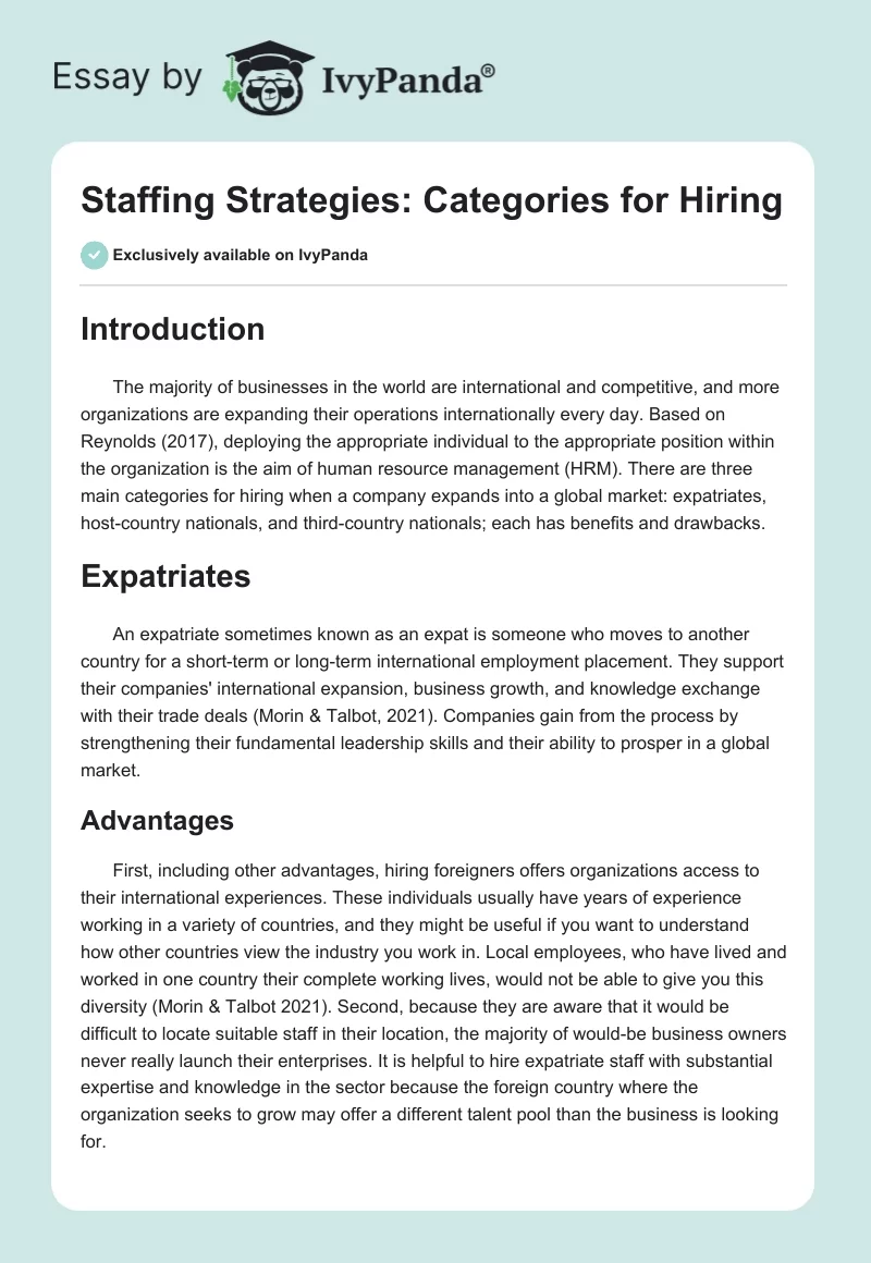 Staffing Strategies: Categories for Hiring. Page 1