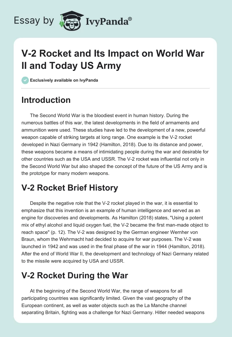 V-2 Rocket and Its Impact on World War II and Today US Army. Page 1