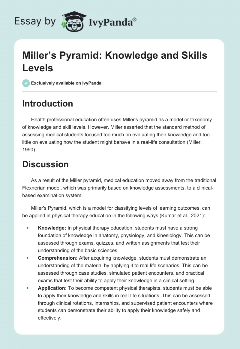 Miller’s Pyramid: Knowledge and Skills Levels. Page 1