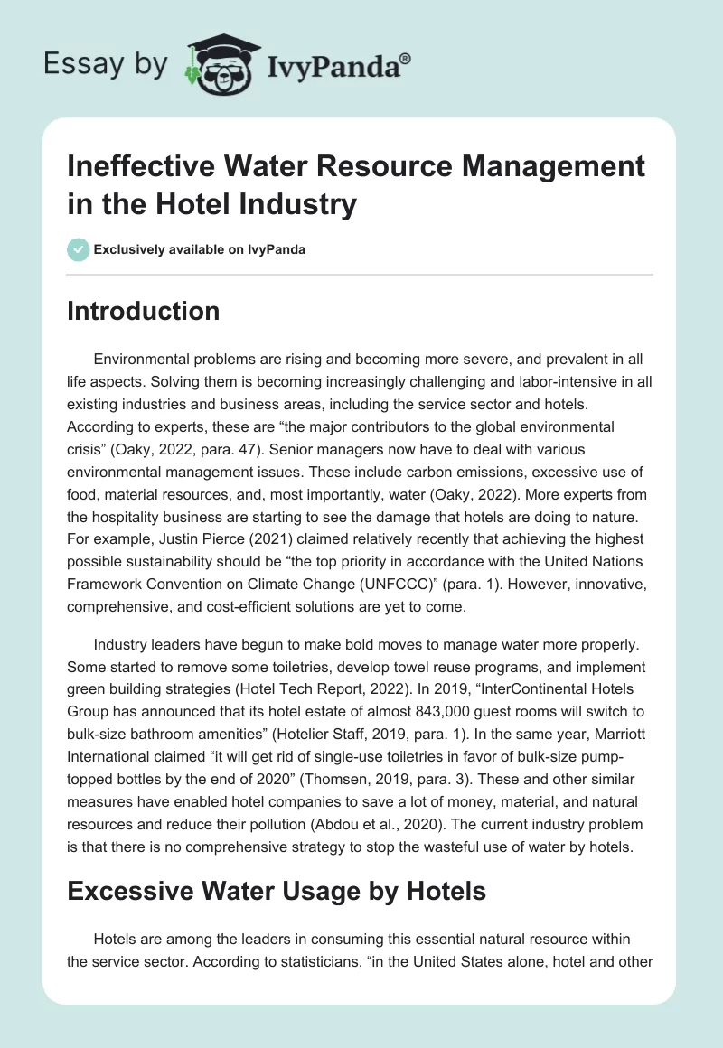 Ineffective Water Resource Management in the Hotel Industry. Page 1