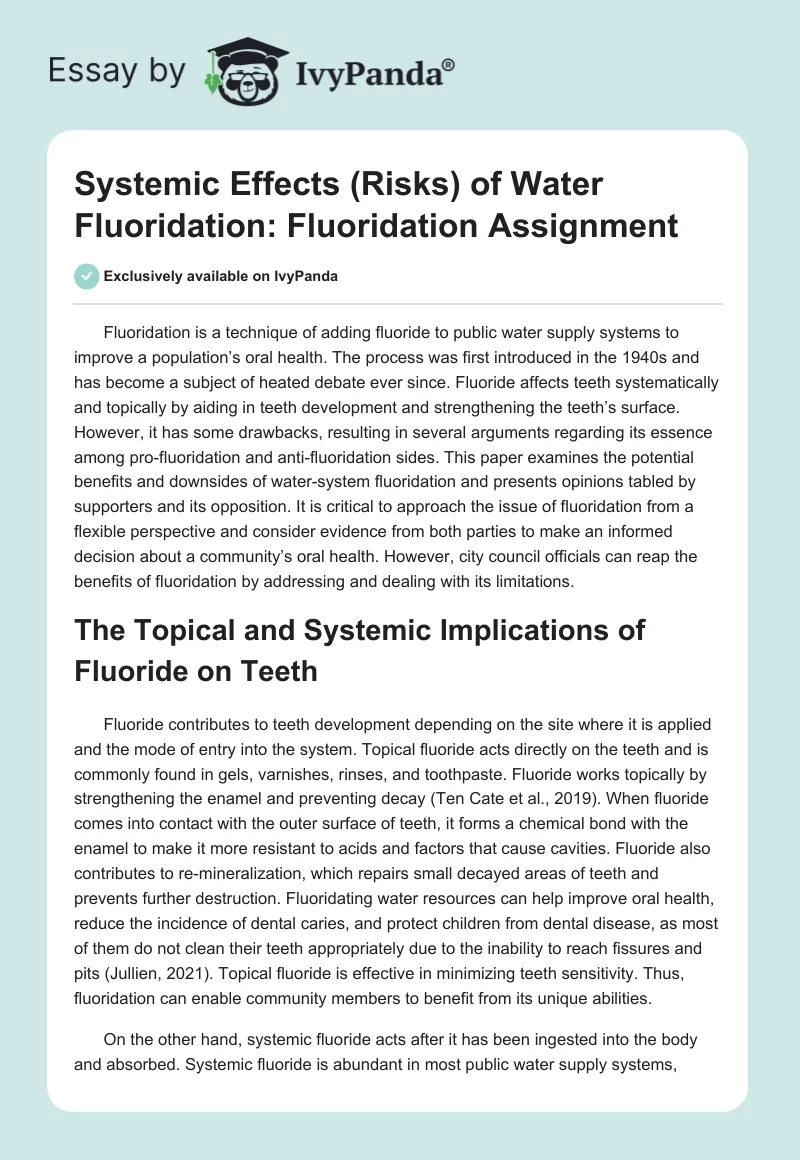 Systemic Effects (Risks) of Water Fluoridation: Fluoridation Assignment. Page 1