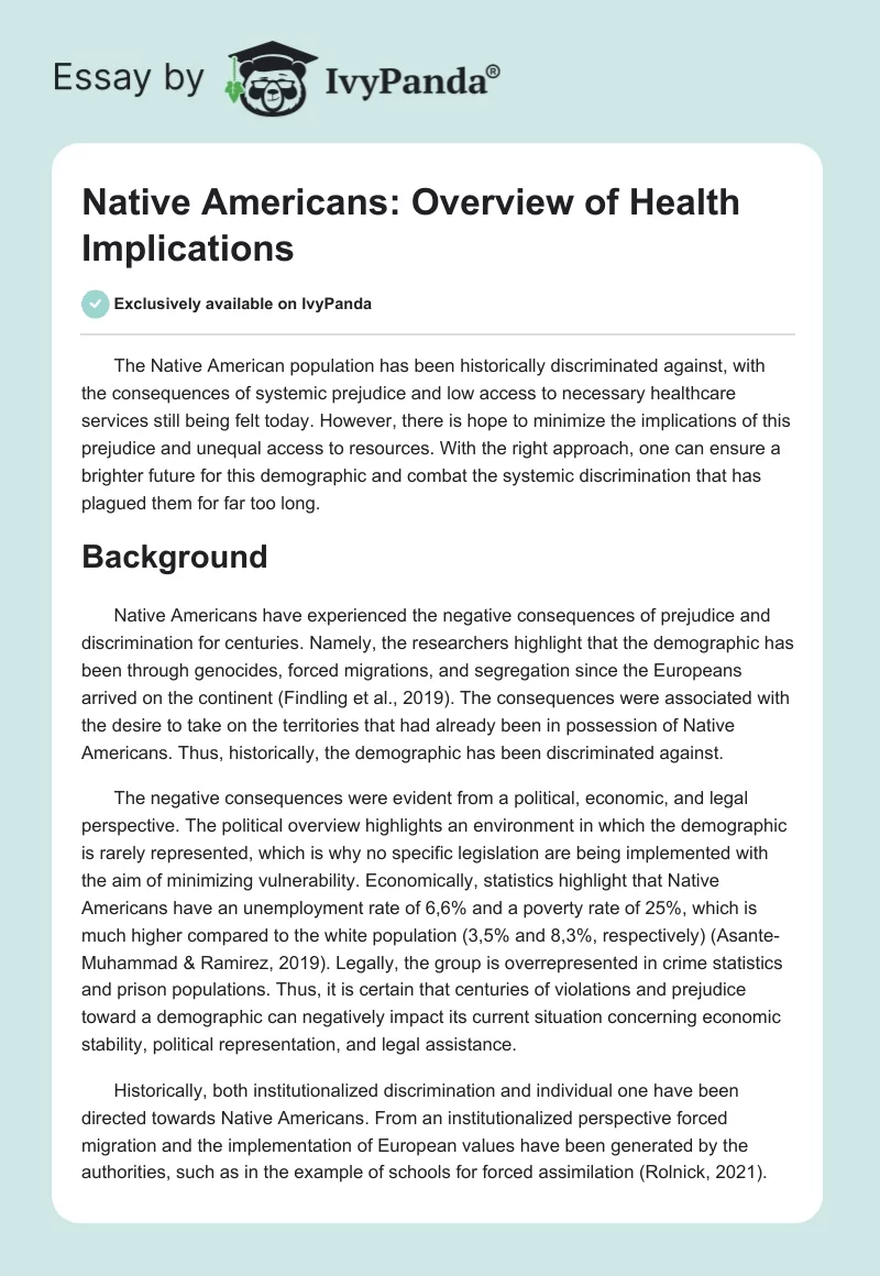 Native Americans: Overview of Health Implications. Page 1