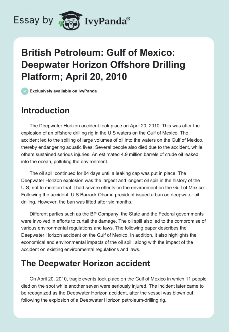 British Petroleum: Gulf of Mexico: Deepwater Horizon Offshore Drilling Platform; April 20, 2010. Page 1