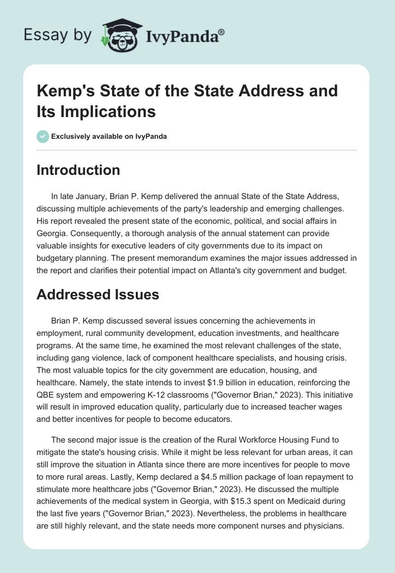 Kemp's State of the State Address and Its Implications. Page 1